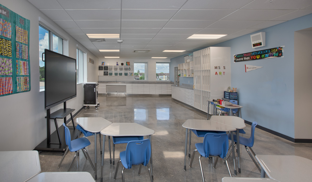 Interior design view of art classroom at the pinecrest prep  school in Miami